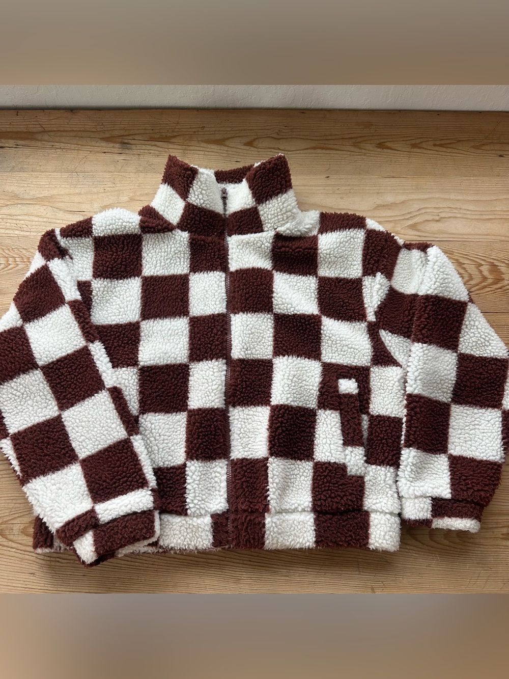 Double Zero Brown and White Checkered Sherpa Jacket - Kids